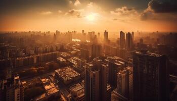 el futurista ciudad horizonte brilla con retroiluminado rascacielos a oscuridad generado por ai foto
