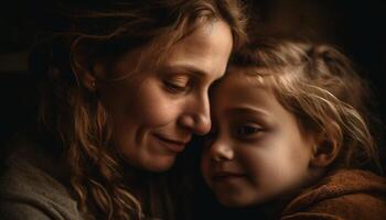 Mother and daughter embracing, smiling with love and happiness generated by AI photo