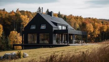 Tranquil scene of a modern cottage in a forest environment generated by AI photo