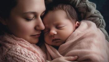 un alegre familia unión con su linda recién nacido hija dormido pacíficamente generado por ai foto