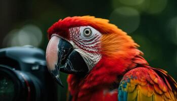 Endangered macaw perching on branch, vibrant feathers beautifully generated by AI photo