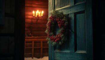 rústico Navidad cabaña adornado con florido guirnalda y brillante luz de una vela generado por ai foto