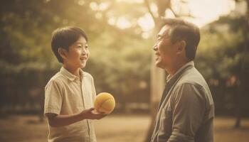 dos alegre Niños jugando pelota al aire libre, disfrutando infancia y unión generado por ai foto