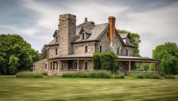 An old fashioned cottage with a blue roof in a meadow generated by AI photo