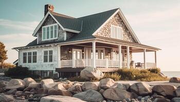 A timber hut on the coastline, a perfect idyllic vacation generated by AI photo