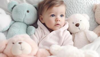 A cheerful baby girl playing with her fluffy teddy bear generated by AI photo