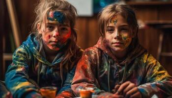 Colorful family portrait captures playful creativity and messy enjoyment outdoors generated by AI photo