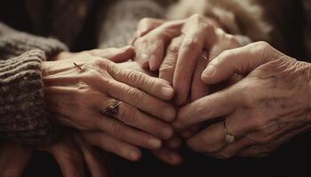 Retired couple love endures aging process, holding hands in togetherness generated by AI photo