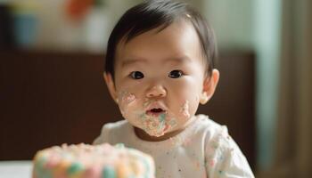 Cute baby boy enjoying birthday cake, playful and cheerful family generated by AI photo