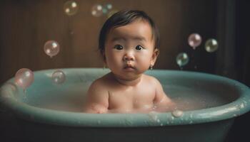 sonriente bebé Niños disfrutar juguetón burbuja bañera en limpiar baño generado por ai foto