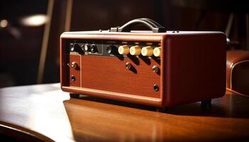 Vintage stereo equipment on wooden table exudes nostalgic elegance generated by AI photo