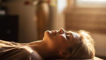 A serene young woman enjoys pampering at a health spa generated by AI photo