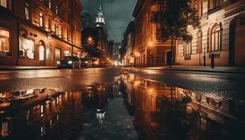 el antiguo ciudad arquitectura iluminado por calle luces a oscuridad generado por ai foto