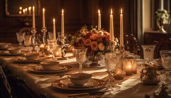 Elegant wedding celebration with candlelit table, silverware, and wine glasses generated by AI photo