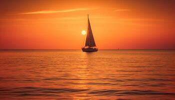 Sailing yacht silhouette on tranquil orange coastline, perfect romantic journey generated by AI photo