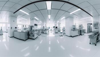 dentro moderno laboratorio, limpiar acero maquinaria refleja futurista arquitectura diseño generado por ai foto