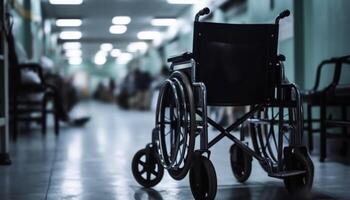 Empty hospital corridor, wheelchair waiting for transportation, no people present generated by AI photo