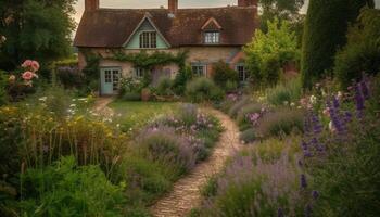 A tranquil scene of a purple meadow in a rural landscape generated by AI photo