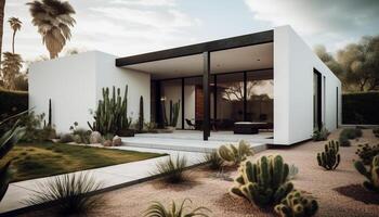 Modern architecture blends elegance and nature in luxurious outdoor design generated by AI photo