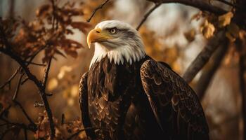 majestuoso calvo águila encaramado en rama, símbolo de americano orgullo generado por ai foto
