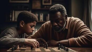 Father and son bonding over chess, a happy family moment generated by AI photo