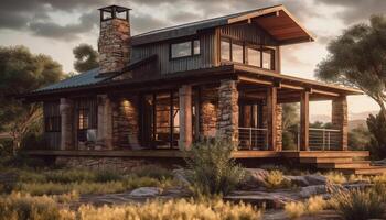 An old rustic cottage, built with weathered wood and materials generated by AI photo