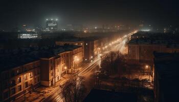 el ciudad horizonte iluminado a oscuridad, un moderno metrópoli generado por ai foto