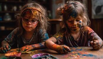 Two cheerful girls playing, painting colorful portraits with messy fingers generated by AI photo