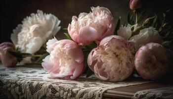 A rustic vase holds a multi colored bouquet of fresh peonies generated by AI photo