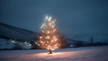 tranquilo invierno bosque iluminado por brillante Navidad decoraciones y estrellas generado por ai foto