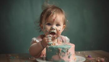 Cute baby girl enjoying messy first birthday cake at party generated by AI photo