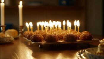 The glowing menorah illuminated the sweet chocolate dessert indoors generated by AI photo