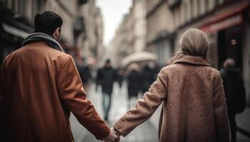 Two young adults in love, walking outdoors in the city generated by AI photo