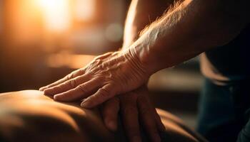 Retired couple bond through alternative therapy, holding hands for wellbeing generated by AI photo