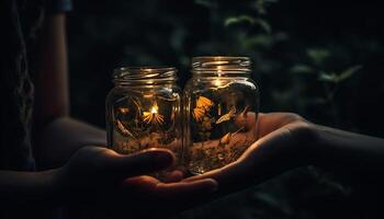 Men holding spooky candle jar, lighting equipment for Halloween celebration generated by AI photo