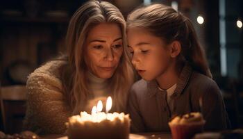 A happy family celebrates with candlelight, love, and togetherness generated by AI photo