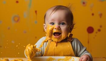 A messy, playful toddler enjoys baking sweet food with family generated by AI photo