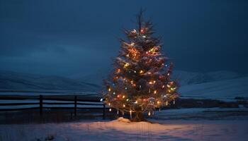 Illuminated Christmas tree glows in winter night, nature celebration generated by AI photo