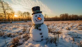 A cheerful snowman with a carrot nose and top hat generated by AI photo