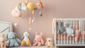 Cute baby plays with stuffed toy in colorful nursery decor generated by AI photo