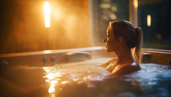 A cheerful young woman enjoys a luxurious bubble bath at home generated by AI photo