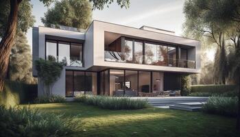 A modern luxury home with elegant design and formal garden generated by AI photo