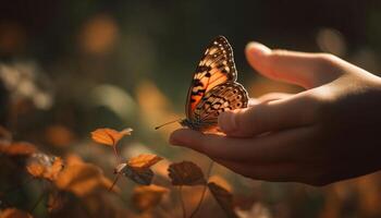 un vibrante mariposa ala retenida delicadamente en un humano mano generado por ai foto
