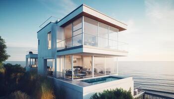 A modern luxury apartment with a balcony overlooking the blue water generated by AI photo