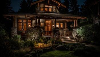 A rustic bungalow illuminated by lanterns in the twilight generated by AI photo