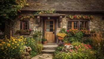 The rustic cottage with multi colored flower pots exudes idyllic charm generated by AI photo