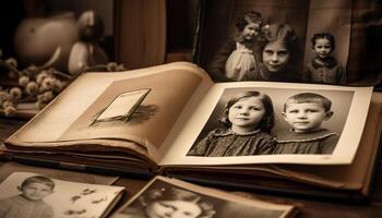 Childhood learning in an old fashioned library, black and white portrait generated by AI photo