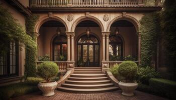 el elegante antiguo pasado de moda arquitectura de el formal jardín Entrada generado por ai foto