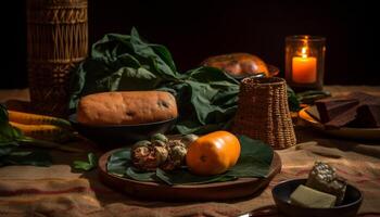 A rustic autumn meal on a wooden table with candlelight generated by AI photo