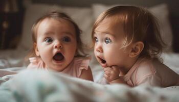 Cheerful twins playing on bed, bonding in new life together generated by AI photo